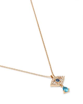 Blue Sapphire, Blue Topaz & Diamond Evil Eye Dangle Pendant Necklace in 14K Yellow Gold, 17"