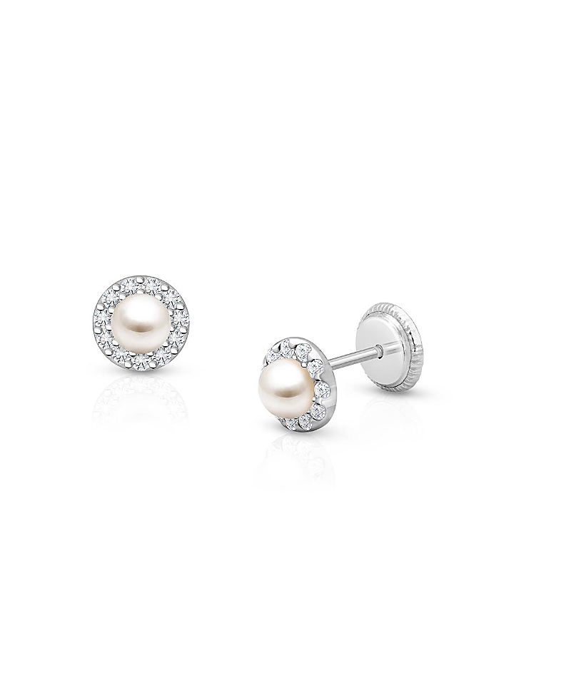 Tiny Blessings Girls' 14k Gold Cultured Pearl Halo Studs Screw Back Earrings - Baby, Little Kid, Big Kid In K White Gold