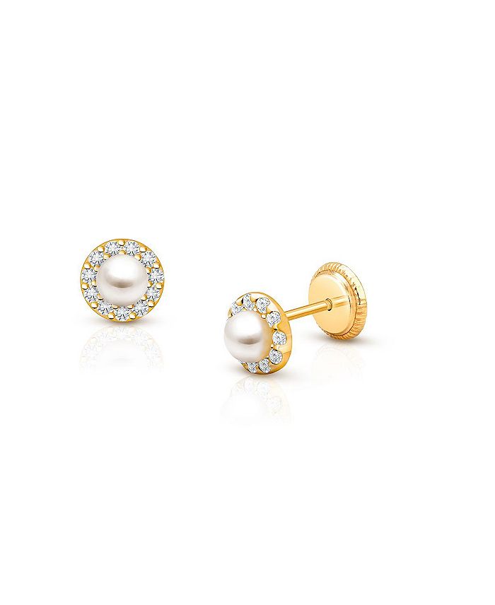 Tiny Blessings Girls 14K Gold Cultured Pearl Halo Studs Screw Back Earrings Baby Little Kid Big Kid K Yellow Gold