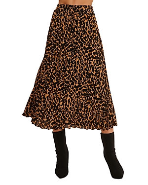Single Thread Animal Print Pleated Midi Skirt In Black
