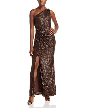 Shop Eliza J Sequined One Shoulder Gown In Chocolate