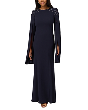Adrianna Papell Beaded Cape Sleeve Gown In Midnight