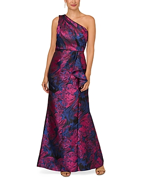 Shop Adrianna Papell One Shoulder Jacquard Gown In Navy Orchid