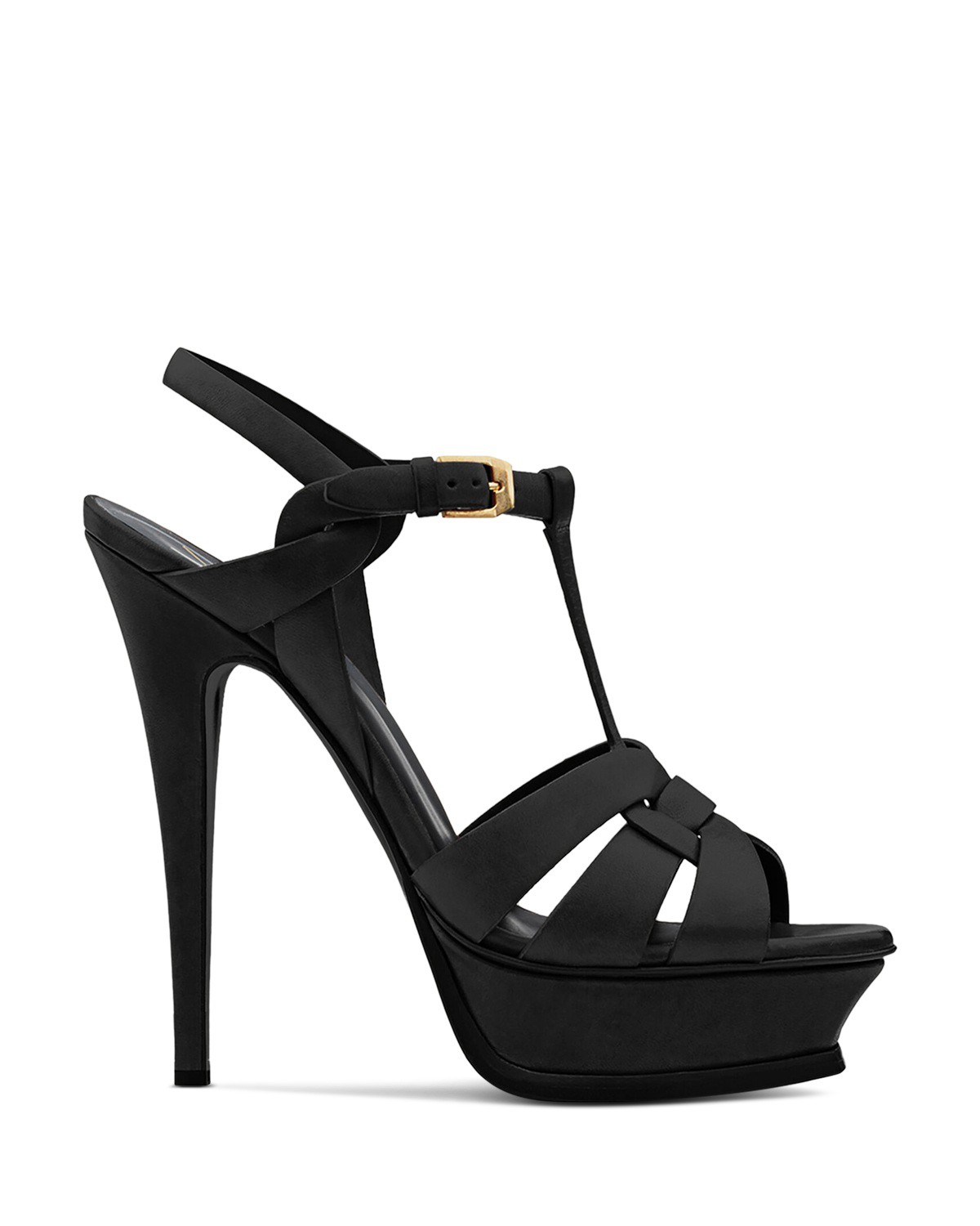 Saint Laurent Women's Tribute Platform Sandals in Crepe De Chine in Black Smooth Leather