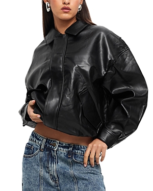 Lioness Kenny Faux Leather Bomber Jacket In Jet Black