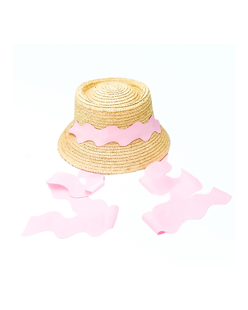 Bits & Bows Women's Straw Harbor Hat With Scalloped Ribbon In Straw With Pink Ribbon