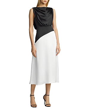 Shop Zac Posen Drape Neck Satin Midi Dress In Black/white