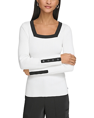 Shop Karl Lagerfeld Ribbed Square Neck Sweater In Black/soft White