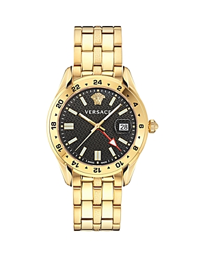 Shop Versace Greca Time Gmt Watch, 41mm In Black/gold