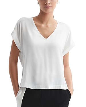 Shop Reiss Natalia V Neck Silk Front Tee In Ivory