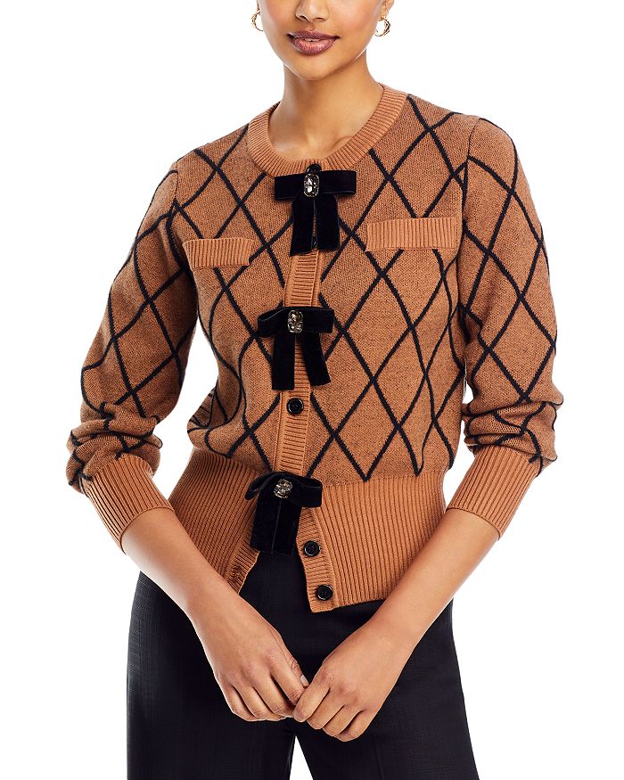 Nancy Yang Embellished Velvet Bow Knit Cardigan In Brown