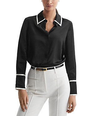 Reiss Black Silk Contrast Trim Button-through Shirt In Black