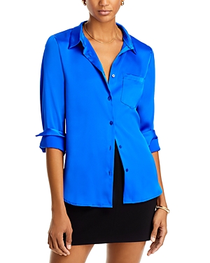 Aqua Satin Button Front Blouse - 100% Exclusive In Cobalt