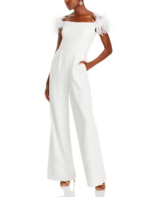 AQUA - Off-the-Shoulder Feather Trim Jumpsuit - Exclusive