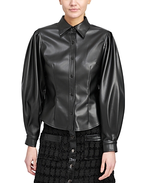 Shop En Saison Faux Leather Button Front Shirt In Black