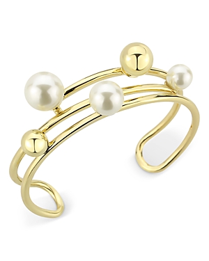 Aqua Bead & Imitation Pearl Cuff Bracelet In Gold/white