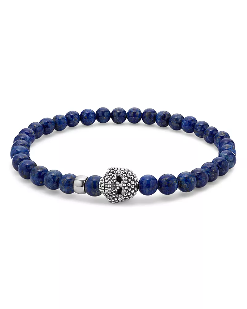 Lagos Men's Sterling Silver Anthem Lapis Lazuli Bead Skull Stretch Bracelet - Exclusive