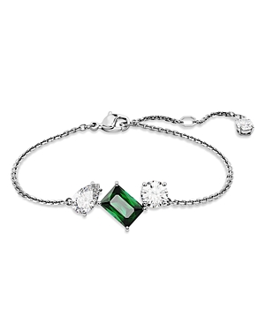 Swarovski Mesmera Clear & Green Mixed Cut Link Bracelet In Rhodium Plated In Green/silver