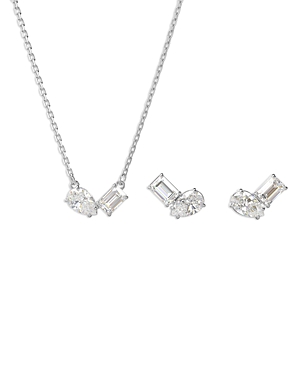 Shop Swarovski Mesmera Mixed Cut Pendant Necklace & Stud Earrings Set In Rhodium Plated In Silver