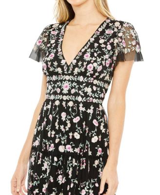 Embroidered V Neck Cap Sleeve Midi Dress