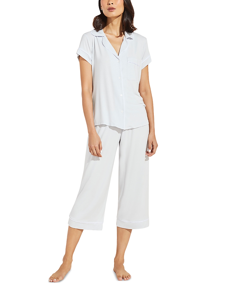 Shop Eberjey Gisele Short Sleeve Crop Pajama Set In Ice Blue / Ivory
