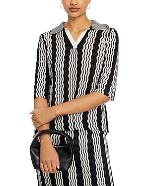 Shop Misook Pointelle Intarsia Knit V Neck Tunic Top In Black/white