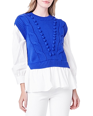 English Factory Mixed Media Cable Stitch Sweater In Cobalt Blue