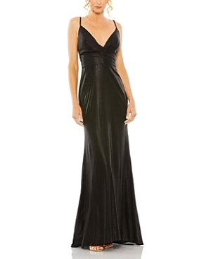 Mac Duggal Shimmer Metallic Faux Wrap Gown In Black