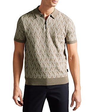 Ted Baker Boucle Jacquard Quarter Zip Short Sleeve Polo Shirt In Natural