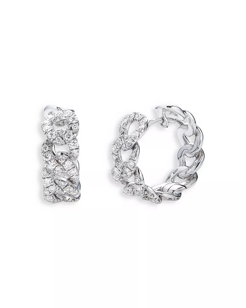 Zydo 18K White Gold Classic Chain Diamond Gourmette Hoop Earrings