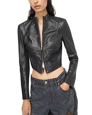 Shop Pinko Cropped Leather Moto Jacket In Limo Black