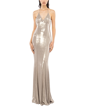 Pinko Belcore Abito Jersey Open Back Gown In Gold