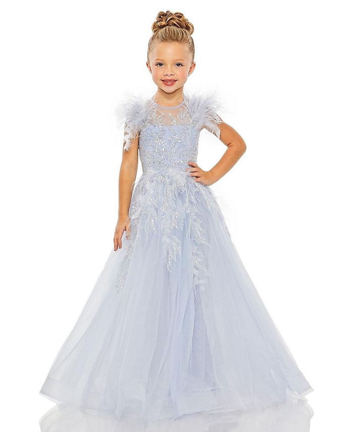 Shop Mac Duggal Girls' Feather Sleeve Detail Glitter Tulle Dress - Little Kid, Big Kid In Ice Blue