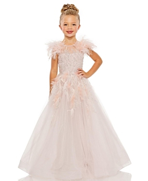Shop Mac Duggal Girls' Feather Sleeve Detail Glitter Tulle Dress - Little Kid, Big Kid In Rose Pink