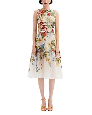 Shop Oscar De La Renta Embroidered Belted Sleeveless Dress In Ivory Mult