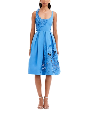Shop Oscar De La Renta Floral Applique Fit And Flare Dress In Cerulean