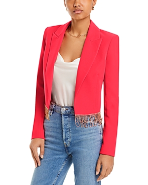 L Agence Jen Womens Crystal Fringe Cropped Open-front Blazer In Neon Coral