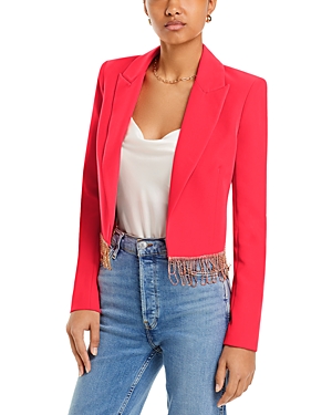 Shop L Agence L'agence Jen Crystal Fringe Cropped Blazer In Neon Coral