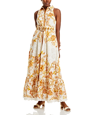 Printed Eyelet Button Front Maxi Dress