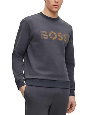 Hugo Boss Salbo Cotton Blend Striped Logo Sweatshirt In Dark Gray