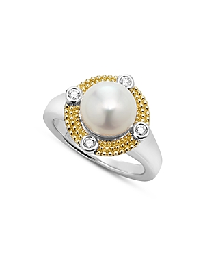 Shop Lagos 18k Yellow Gold & Sterling Silver Luna Cultured Freshwater Pearl & Diamond Halo Ring In White/gold