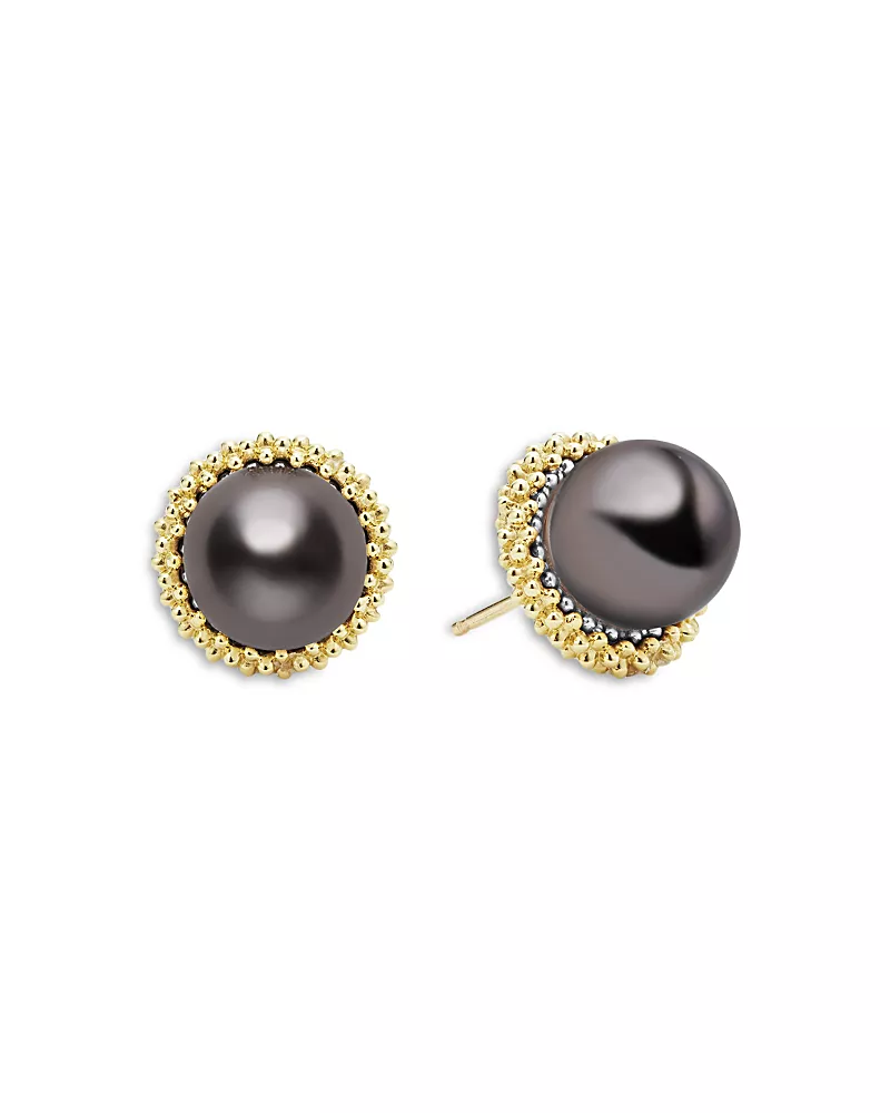 Lagos 18K Yellow Gold & Sterling Silver Luna Tahitian Black Pearl Stud Earrings