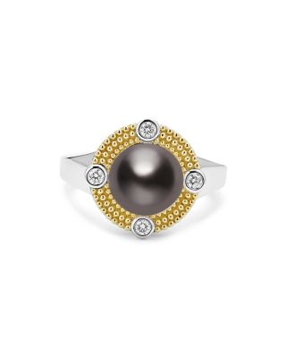 18K Yellow Gold & Sterling Silver Luna Black Tahitian Pearl & Diamond Halo Ring