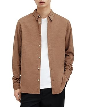 Allsaints Lorella Textured Ramskull Slim Fit Shirt In Camel Brown