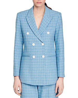 Sandro Double-breasted Tweed Blazer In Blue