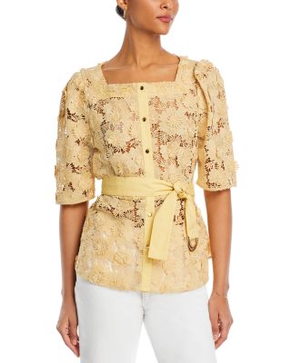 Misook Belted Floral Applique Blouse