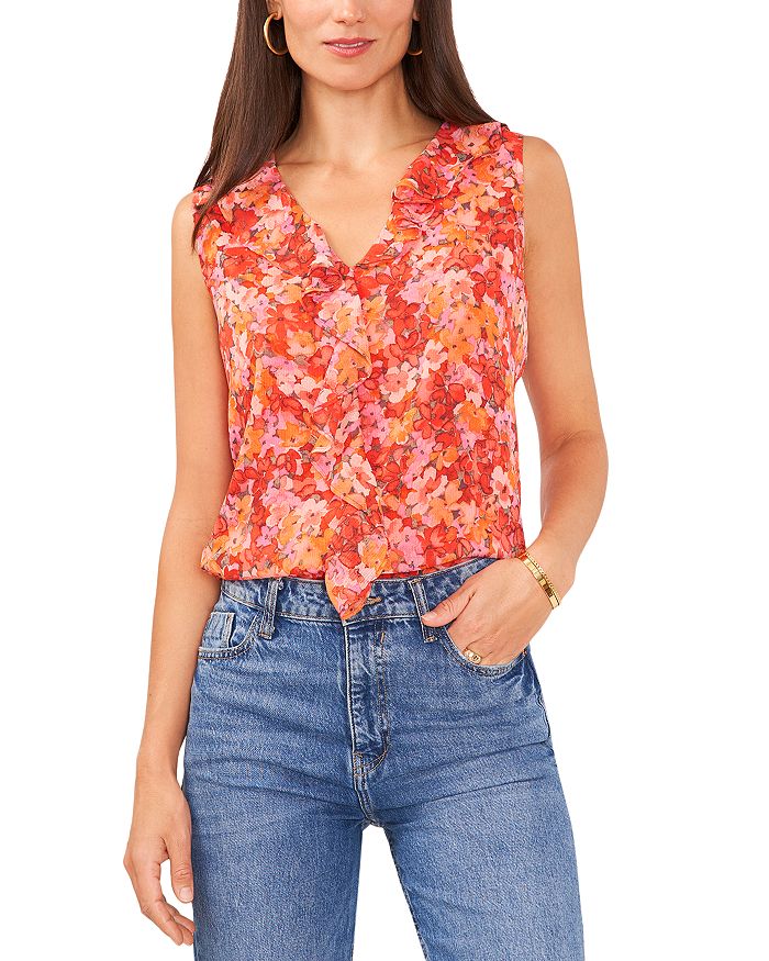 Vince Camuto Womens Floral Print Shirred Sleeveless Top Black Size S main image 0