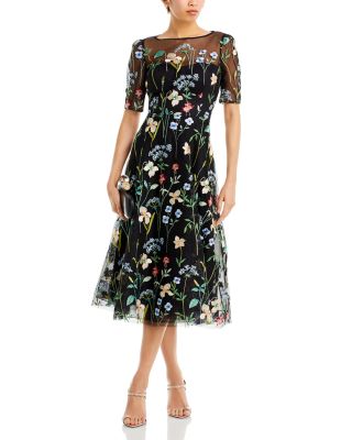 Floral Embroidered Tulle Midi Dress