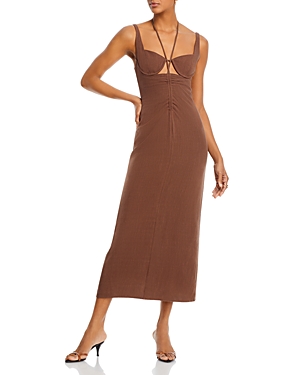 Fore Drawstring Tie Neck Cutout Dress In Brown