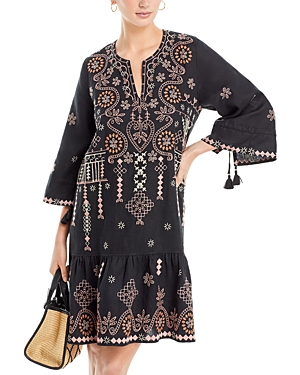 Shop Johnny Was Faye Kimono Sleeve Embroidered Linen Dress In Black